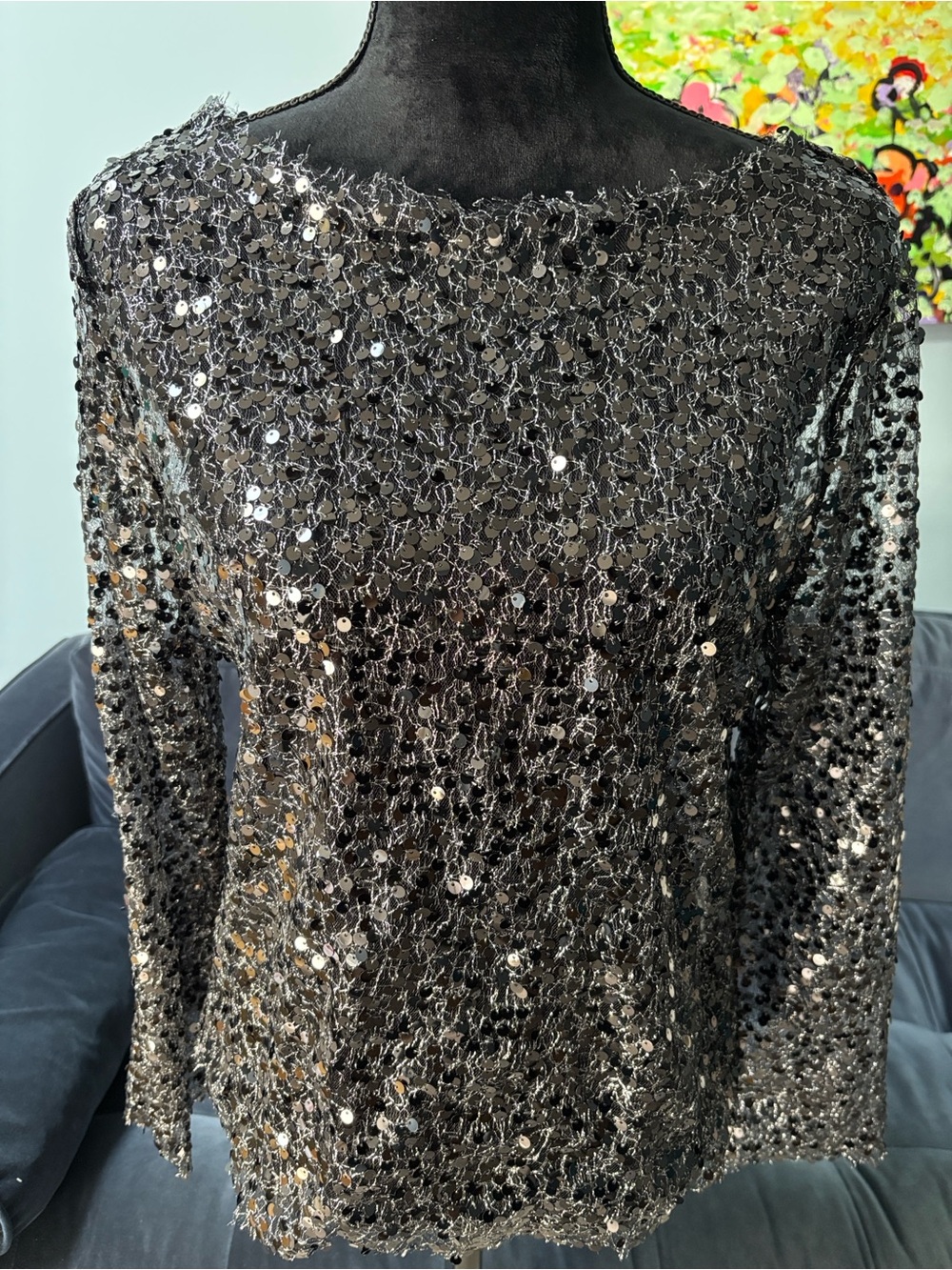 Davi & Dani Black Sequin Mesh Long Sleeve Top Sheer Fishnet Eyelash Hem